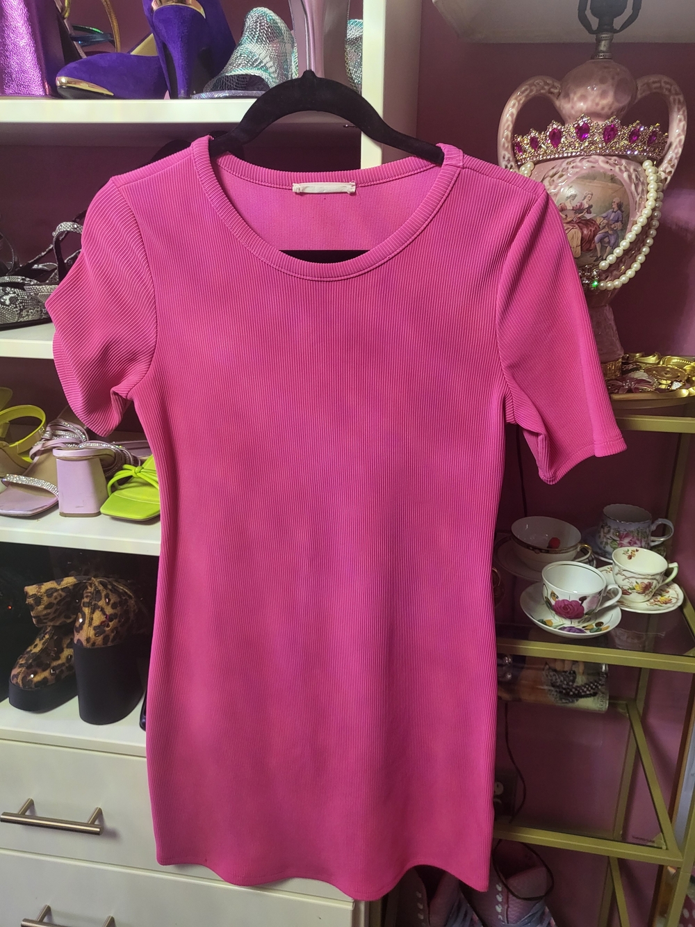 Bright Pink Ribbed Short Sleeve Dress